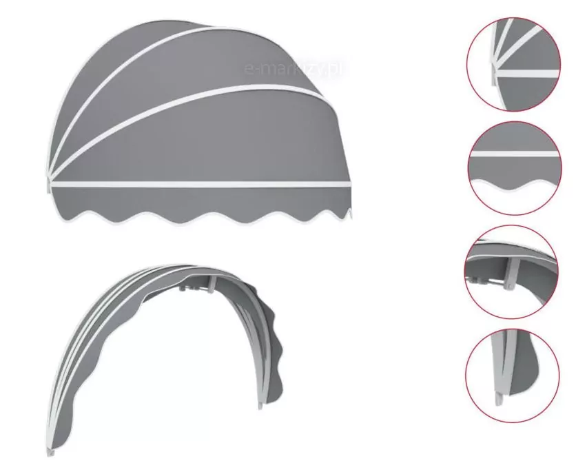 Markisen bis 100 cm haben 3 Felder, über 100 cm 4 Felder. Mögliche gerade oder gewellte Rüsche.