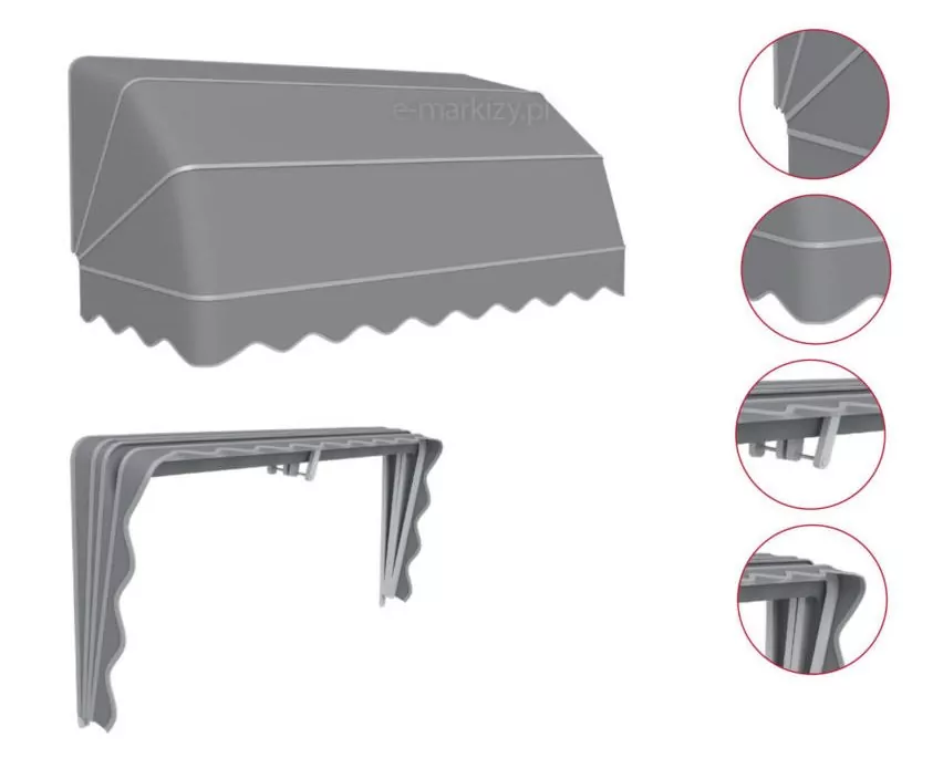 Markisen bis 100 cm haben 3 Felder, über 100 cm 4 Felder. Mögliche gerade oder gewellte Rüsche