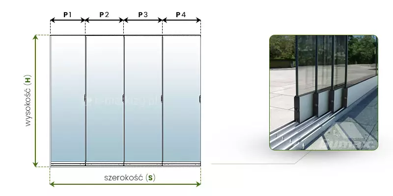 Messung der Breite S und Höhe H von Glasschiebetüren mit vier Paneelen. Die Breite jedes Glaspanels beträgt 98 cm.