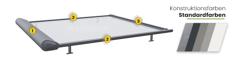 Horizontale Reflexol Selt, Konstruktionsfarbe des Veranda-Systems, lackierte Konstruktion, Farbe der Führungsschienen, Farbe der Kassette