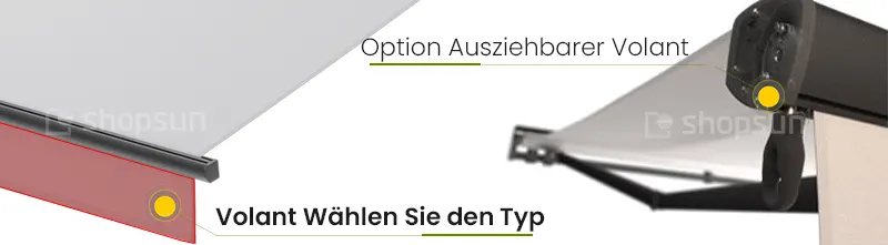 Art der Volants, Palladio-Markisenvolant, Markise mit Volant, Art des Volants für Markisen, ausziehbarer Volant