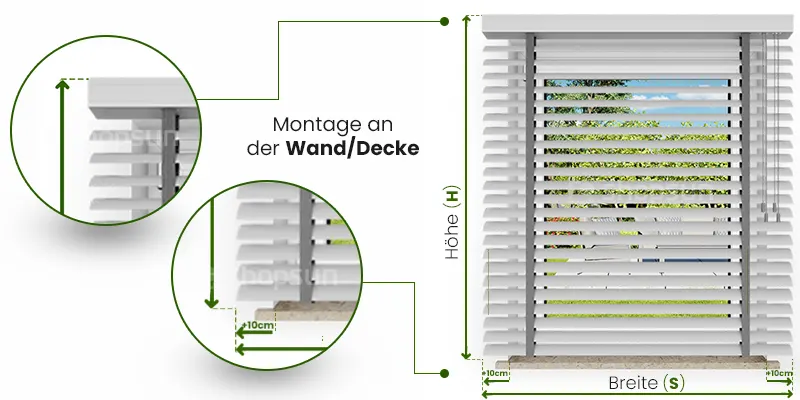 Messung der Jalousie montiert an die Wand oder die Decke