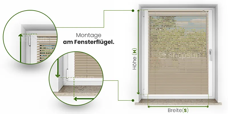 Aluminium-Innenjalousie Montage auf dem Fensterflügel, Maßanleitung