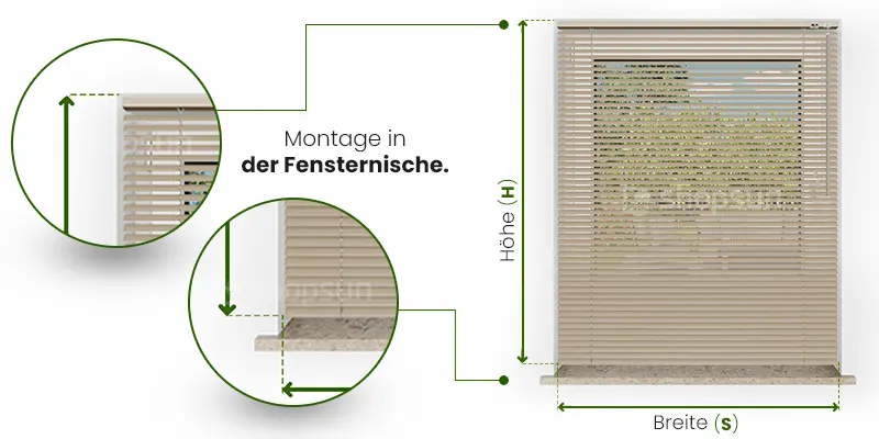 Aluminium-Innenjalousie 16 mm, wie man bei der Montage in die Fensternische misst