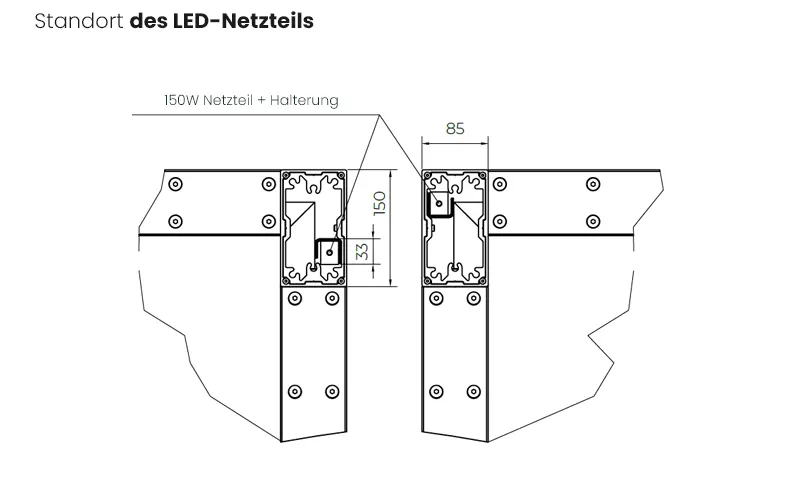 Der LED-Beleuchtungstransformator ist in den Verbindungen der Pergola-Stützen integriert